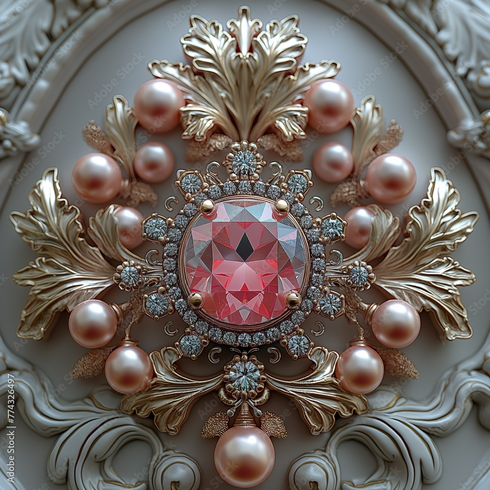 Fototapeta premium Royal Brooch With Precious Stone And Pearls. Illustration On The Theme Of Emblems, Signs And Jewelry. Generative AI