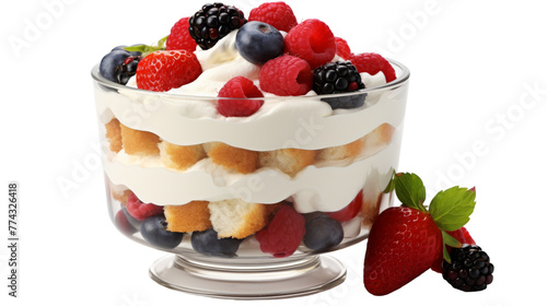 A glass dish filled with layers of trifle including vibrant berries and fluffy whipped cream