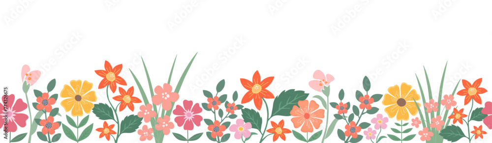 Seamless flower garden border, colorful spring floral frame vector - obrazy, fototapety, plakaty 