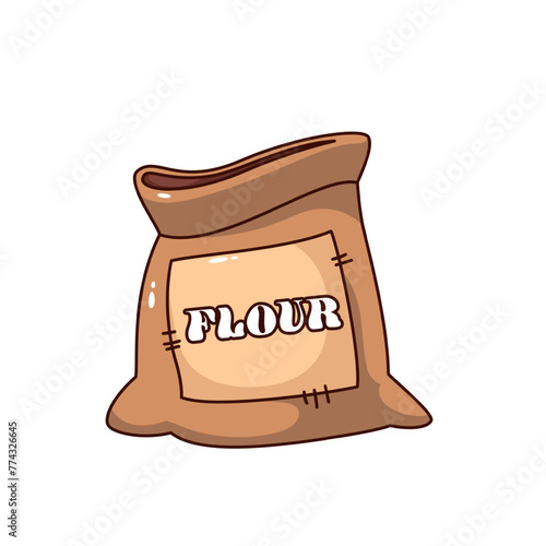 Groovy cartoon brown bag with Flour text. Funny retro burlap sack of white flour to make cereal bread dough, bakery ingredient mascot, cartoon packaging sticker of 70s 80s style vector illustration