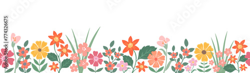 Seamless flower garden border, colorful spring floral frame vector
