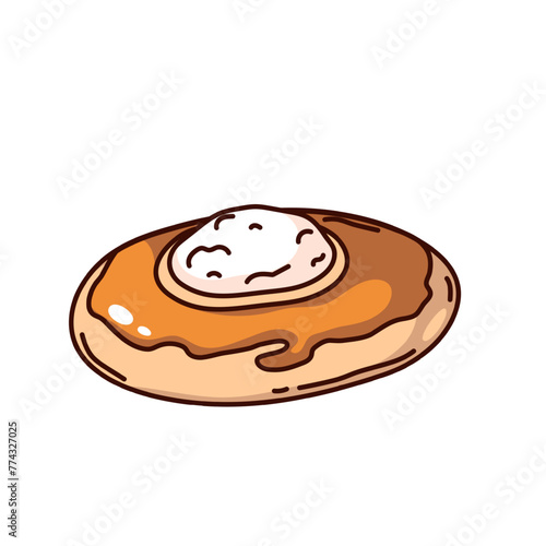 Groovy cartoon sweet curd bun with raisins and brown crust. Funny retro bun with cottage cheese, bakery mascot, cartoon rustic pie of Russian cuisine sticker of 70s 80s style vector illustration
