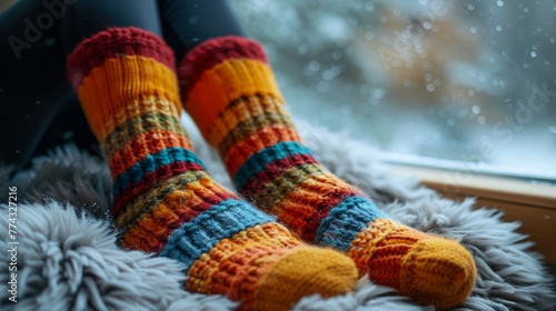 Woman's Cozy Striped Wool Sock on a Warm Day Generative AI