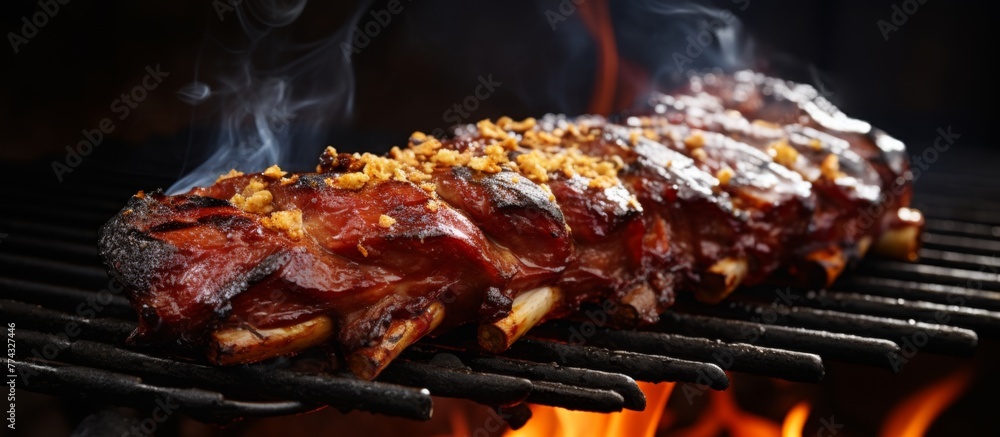 Close up of succulent meat cooking on a grill over fiery flames, sizzling and browning to perfection Close up of succulent meat cooking on a grill over fiery flames, sizzling and browning to perfection