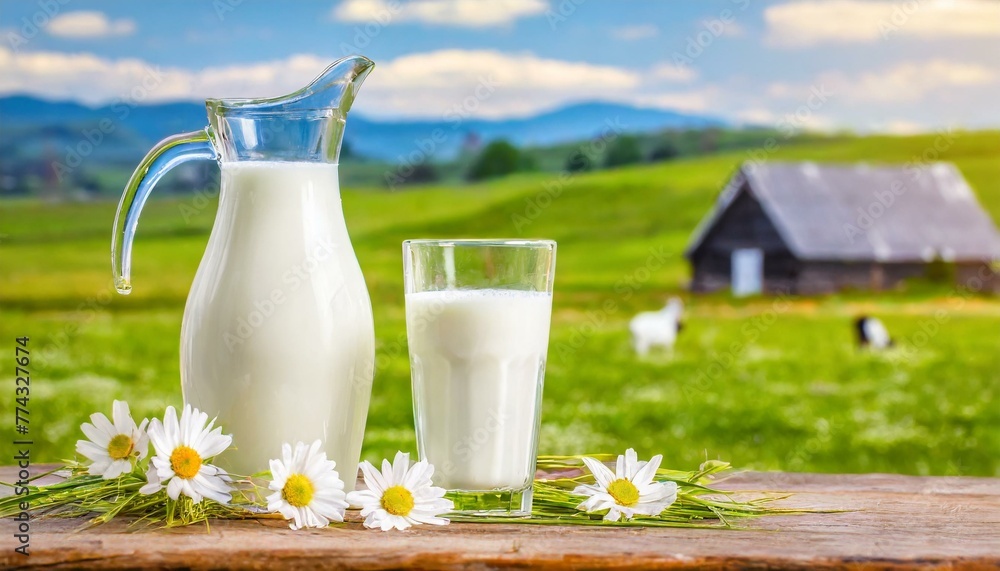 Fresh milk on a wooden table with a goat in a meadow and agricultural farm in the background Fresh milk on a wooden table with a goat in a meadow and agricultural farm in the background