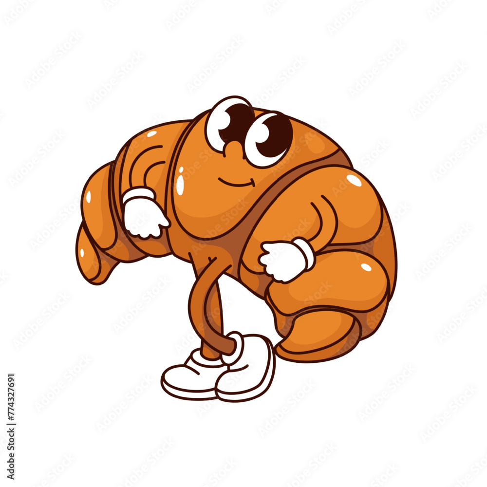 Groovy Croissant Cartoon Character Walking Funny Retro Puff Pastry Groovy Croissant Cartoon Character Walking Funny Retro Puff Pastry
