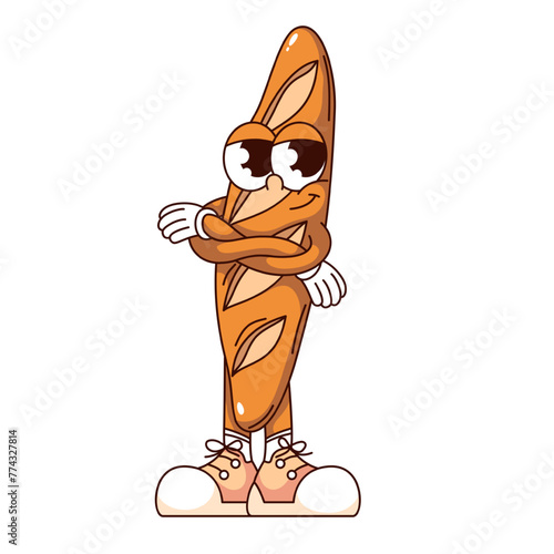 Groovy long French loaf cartoon character in sneakers. Funny retro baguette standing with crossed arms, bakery and bread mascot, cartoon baked loaf sticker of 70s 80s style vector illustration