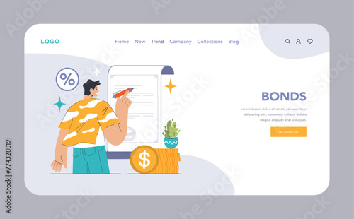 Bonds web or landing. Young investor analyzing a bond certificate