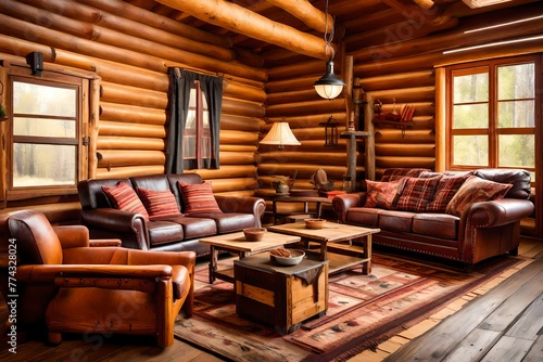 American rancher log cabin lounge interior With copyspace for text. photo