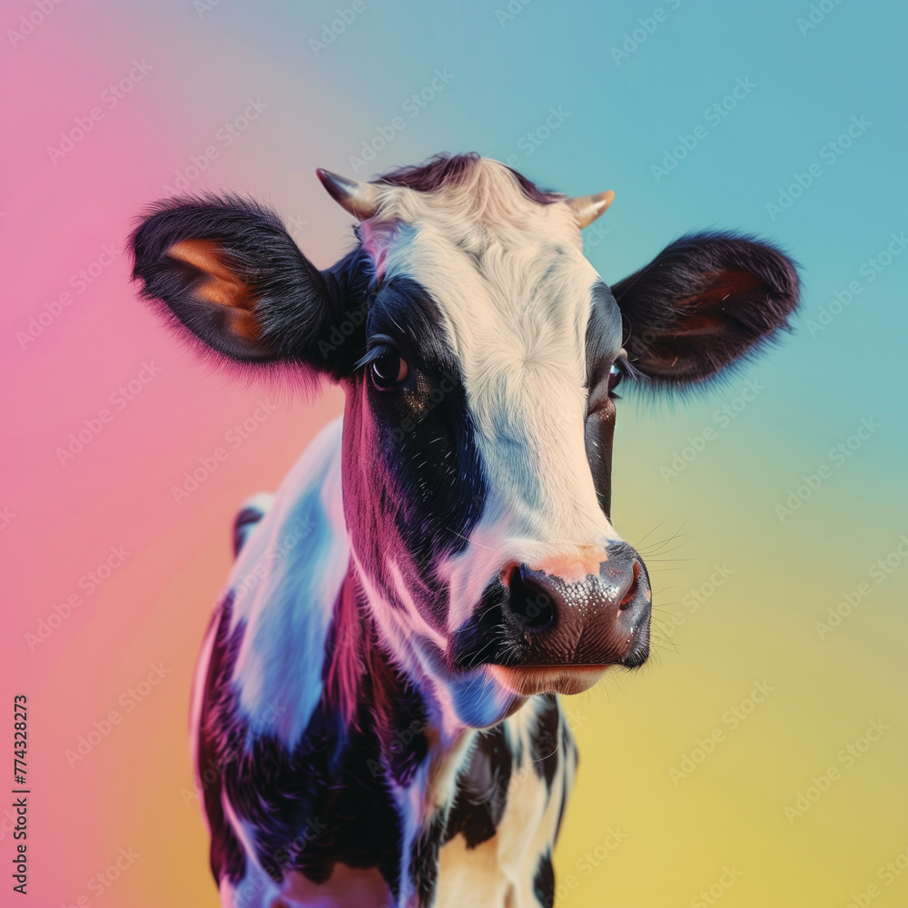 Domestic Bovine Beauty: Cow Standing Alone on Colored Surface