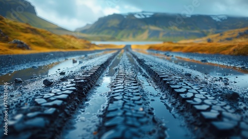 Beautiful Landmanalaugar gravel dust road in the highlands Heavy muddy terrain for extreme vehicles photo