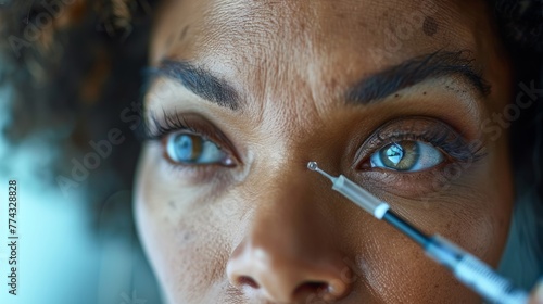Woman Applying Medical Eye Drops Independently at Home Generative AI photo