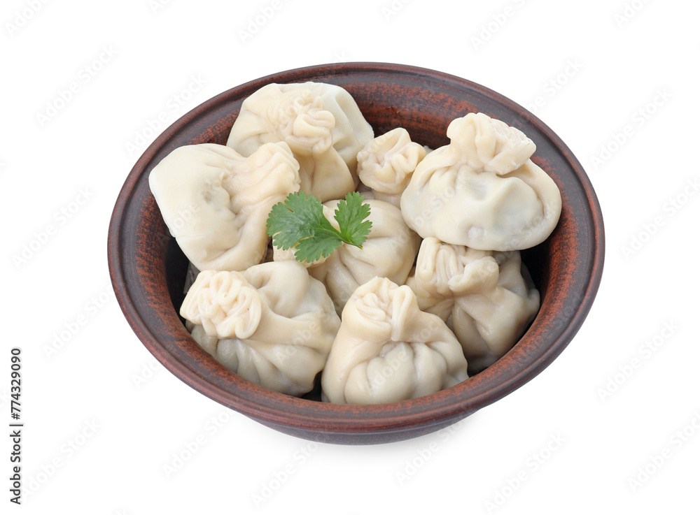 Many tasty khinkali (dumplings) and parsley in bowl isolated on white. Georgian cuisine Many tasty khinkali (dumplings) and parsley in bowl isolated on white. Georgian cuisine