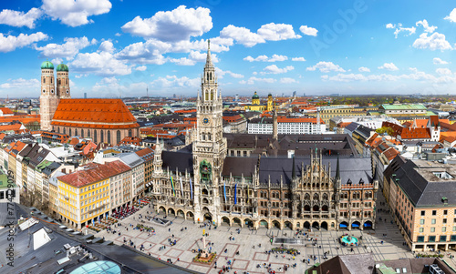 Panoramic view of the historic Marienplatz Square in Munich, Germany, with old towhall and Frauenkirche