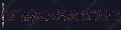 Tea leaf, cup pattern. Line border Design for cafe