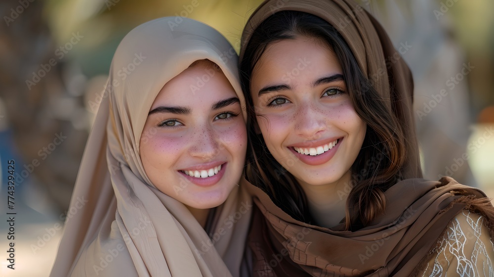 Two Smiling Young Women in Hijabs Enjoying Friendship Outdoors. Portrait of Happiness and Diversity. Capturing Joy and Sisterhood in a Warm Setting. Inspirational and Uplifting Mood. AI Two Smiling Young Women in Hijabs Enjoying Friendship Outdoors. Portrait of Happiness and Diversity. Capturing Joy and Sisterhood in a Warm Setting. Inspirational and Uplifting Mood. AI