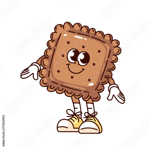 Groovy square biscuit cartoon character with happy face. Funny retro crispy grain cracker with arms and legs standing , sweet shortbread mascot, cartoon sticker of 70s 80s style vector illustration