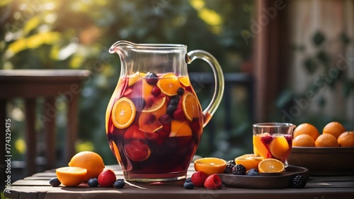 A pitcher of sangria in summer garden, cold red wine with sliced oranges