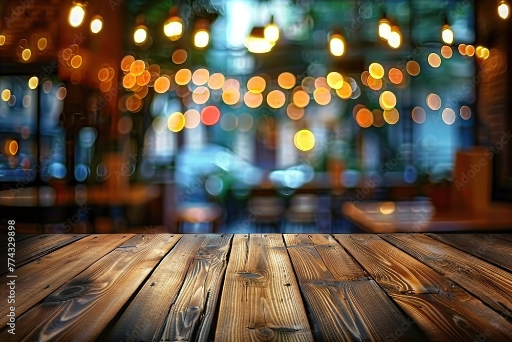 Polished Wooden Table Surface with Intricate Grain Patterns, Set Against a Blurred Background of Warm Restaurant Lights Creating a Bokeh.