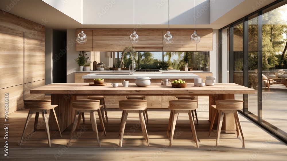 A large wooden dining table with wooden chairs and a glass top. The table is surrounded by potted plants and a bowl of fruit. The room has a warm and inviting atmosphere, perfect for family gatherings A large wooden dining table with wooden chairs and a glass top. The table is surrounded by potted plants and a bowl of fruit. The room has a warm and inviting atmosphere, perfect for family gatherings