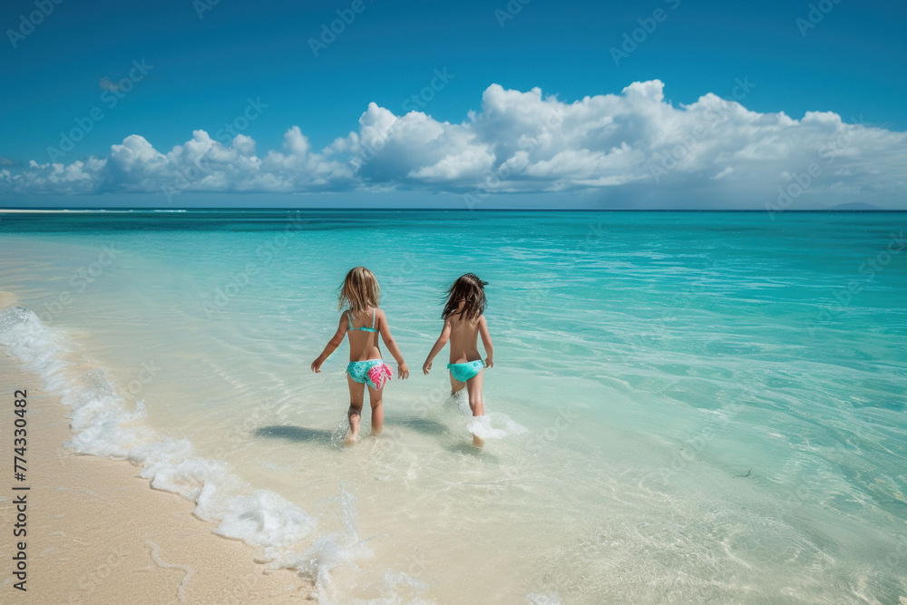 children against the backdrop of the tropical ocean, paradise vacation