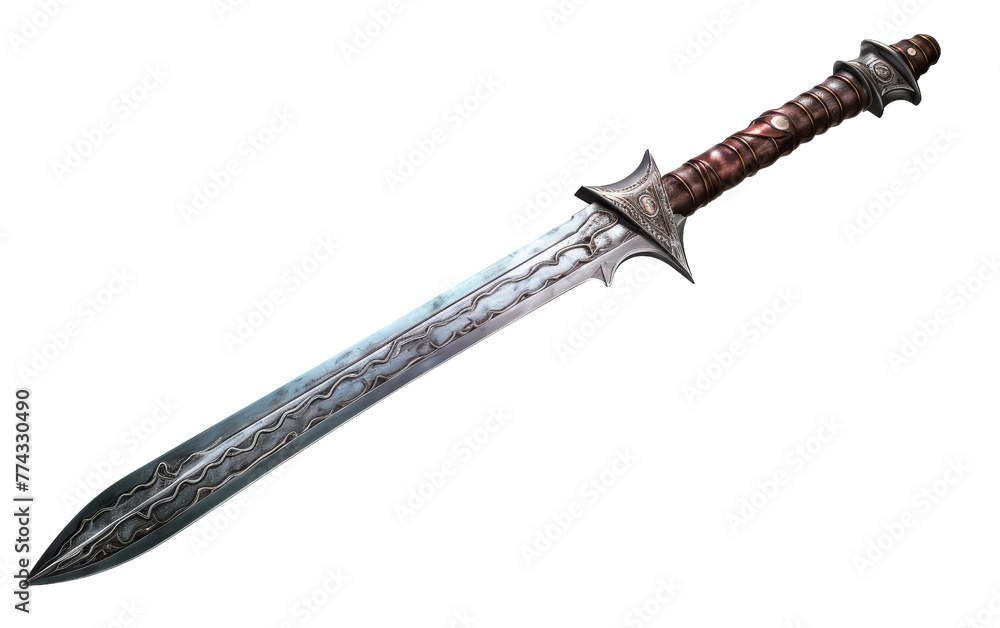 A wooden-handled sword standing against a white backdrop A wooden-handled sword standing against a white backdrop