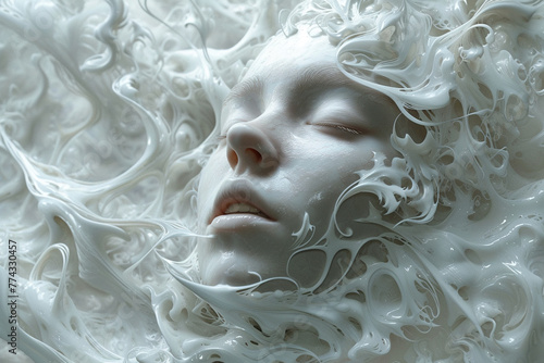 art portrait of a girl's face in waves of white carved foam and splashes