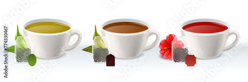 Tea types. Green black and hibiscus hot natural beverages. Fresh leaves and teabags, realistic white cups with liquid different colors. Ceylon and sencha. Porcelain utensil. Vector isolated set