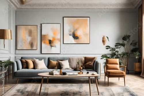 Interior of stylish living room with paintings  sofa and armchair