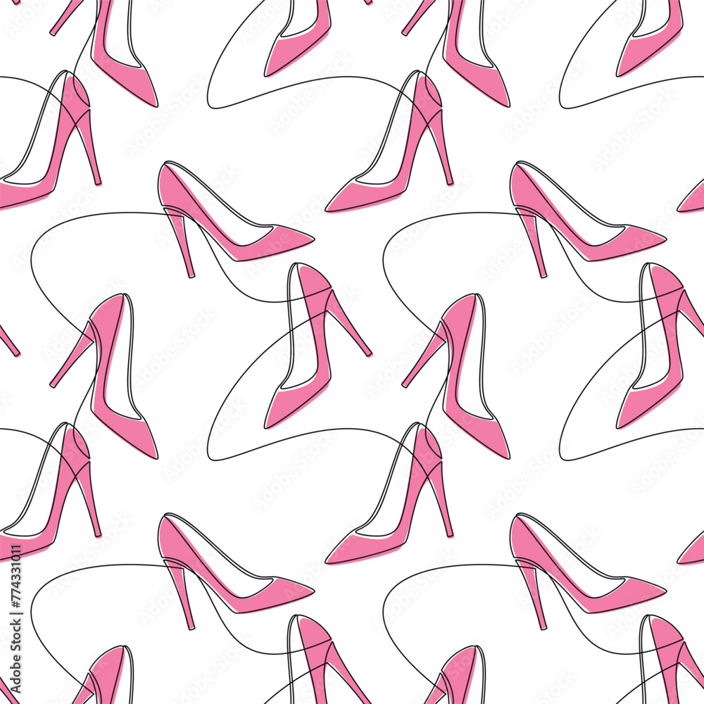 Hand drawn seamless pattern vector. High heel shoe line continuous drawing. Pink pumps white background. Fashion print, shop banner, doodle, abstract wallpaper, cartoon backdrop. Hand drawn seamless pattern vector. High heel shoe line continuous drawing. Pink pumps white background. Fashion print, shop banner, doodle, abstract wallpaper, cartoon backdrop.