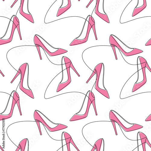 Hand drawn seamless pattern vector. High heel shoe line continuous drawing. Pink pumps white background. Fashion print, shop banner, doodle, abstract wallpaper, cartoon backdrop.