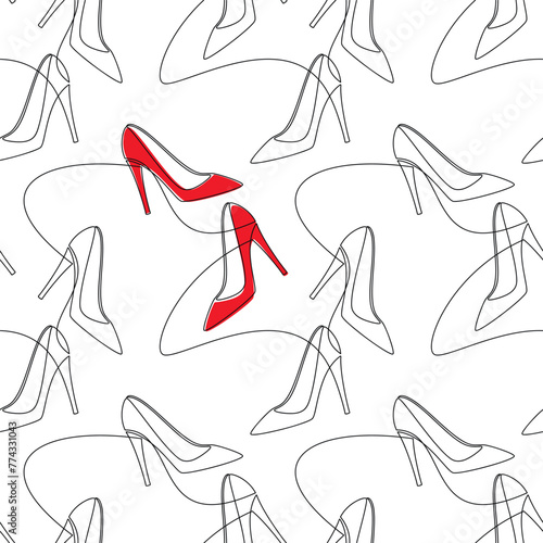 Hand drawn seamless pattern vector. High heel shoe line continuous drawing. Red pumps white background. Fashion print, shop banner, doodle, abstract wallpaper, cartoon backdrop.
