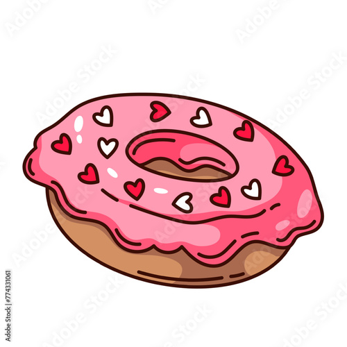 Groovy cartoon donut in pink glaze with candy hearts. Funny retro delicious glazed round doughnut cake, sweet dessert mascot, cartoon unhealthy donut sticker of 70s 80s style vector illustration