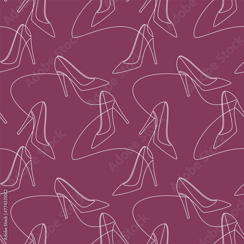 Hand drawn seamless pattern vector. High heel shoe line continuous drawing. Abstract linear pumps silhouette background. Fashion print, shop banner, doodle, abstract wallpaper, cartoon backdrop.