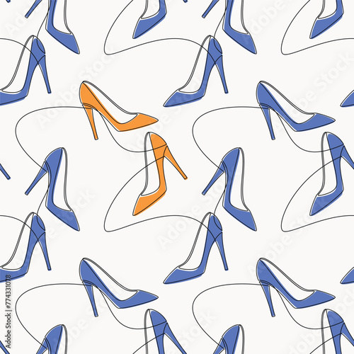 Hand drawn seamless pattern vector. High heel shoe line continuous drawing. Blue pumps background. Fashion print, shop banner, doodle, abstract wallpaper, cartoon backdrop.