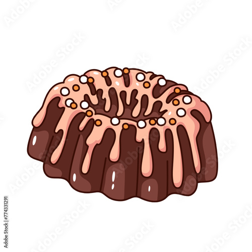 Groovy cartoon Bundt cake with donut shape. Funny retro pound chocolate cake with icing and candy sprinkles, sweet dessert of confectionery mascot, cartoon sticker of 70s 80s style vector illustration