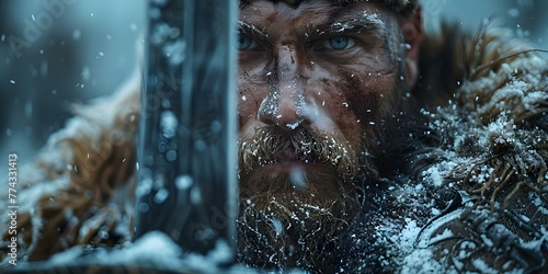 Viking Warrior in Winter Landscape: Charging with Sword. Concept Fantasy Portraits, Winter Landscapes, Scandinavian Warriors, Action Poses, Historical Costumes