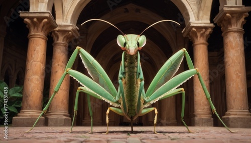 A vivid green praying mantis assumes a commanding pose within the tranquil confines of an ancient monastery courtyard photo