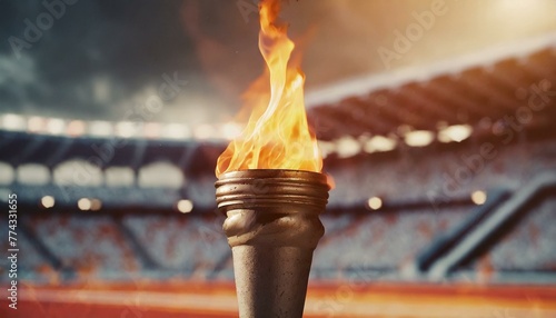  Flame burns in Olympic torch against blurred sports arena photo