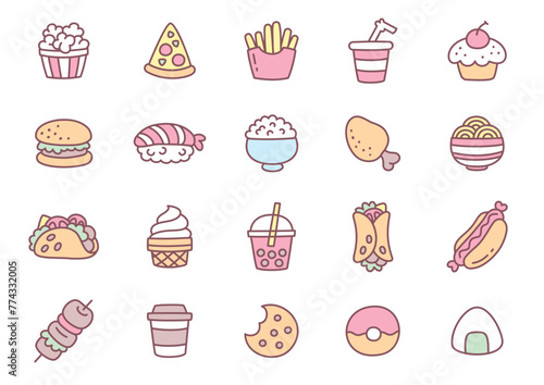 Kawaii fast food icon set. Collection of cute hand drawn food and drink stickers isolated on a white background. Vector 10 EPS.