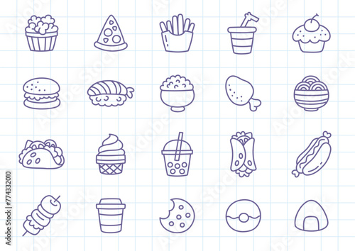 Kawaii fast food icon set. Collection of cute hand drawn food and drink stickers isolated on a checkered background. Vector 10 EPS.