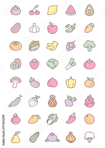 Kawaii food icon set. Collection of cute hand drawn fruit and vegetable stickers isolated on a white background. Vector 10 EPS.