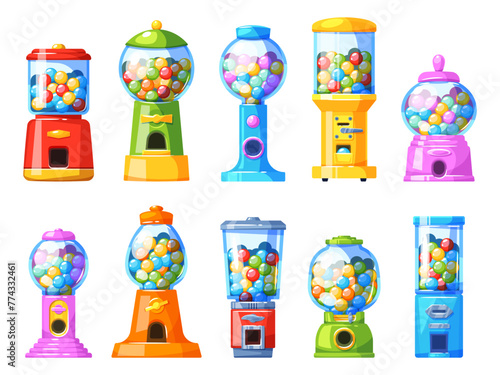 Gumballs vending machines. Colorful cartoon dispensers with round chewing candies, full sweets retro robots, different shapes containers, bubblegum capsules, , vector isolated set