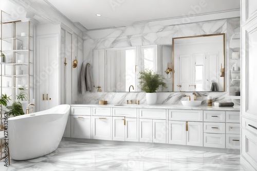 Elegant white bathroom interior with marble countertop with copy space and bathroom appliances product.