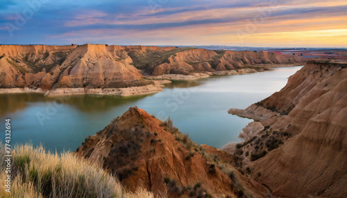River and desert land in a canyon with enchanting sunset colors in the sky