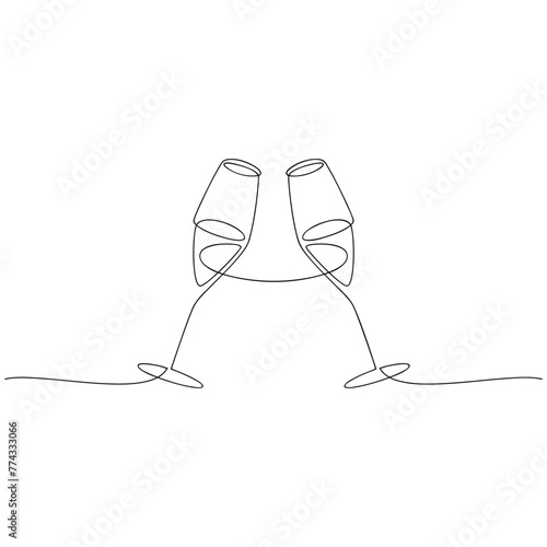 Two champagne glasses cheers line continuous drawing. Hand drawn drink vector illustration. Linear silhouette. Minimal design, print, banner, card, bar wall art poster, menu, logo, sketch.