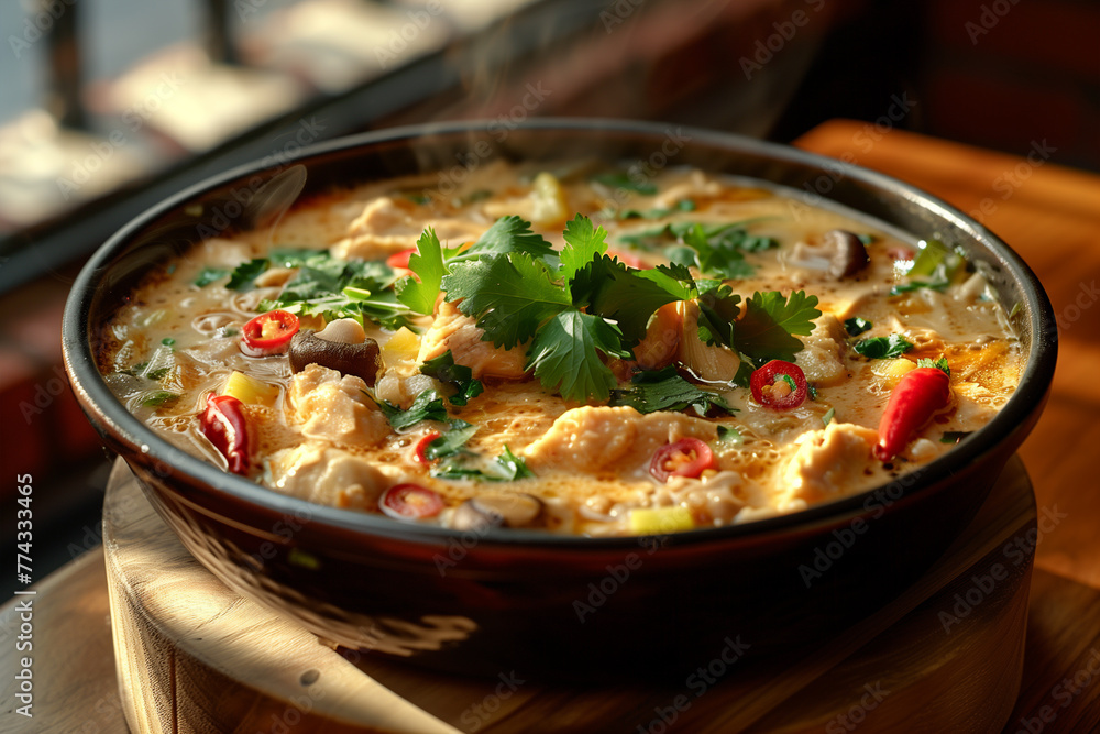 A simmering pot of Tom Kha Gai a Thai culinary A simmering pot of Tom Kha Gai a Thai culinary
