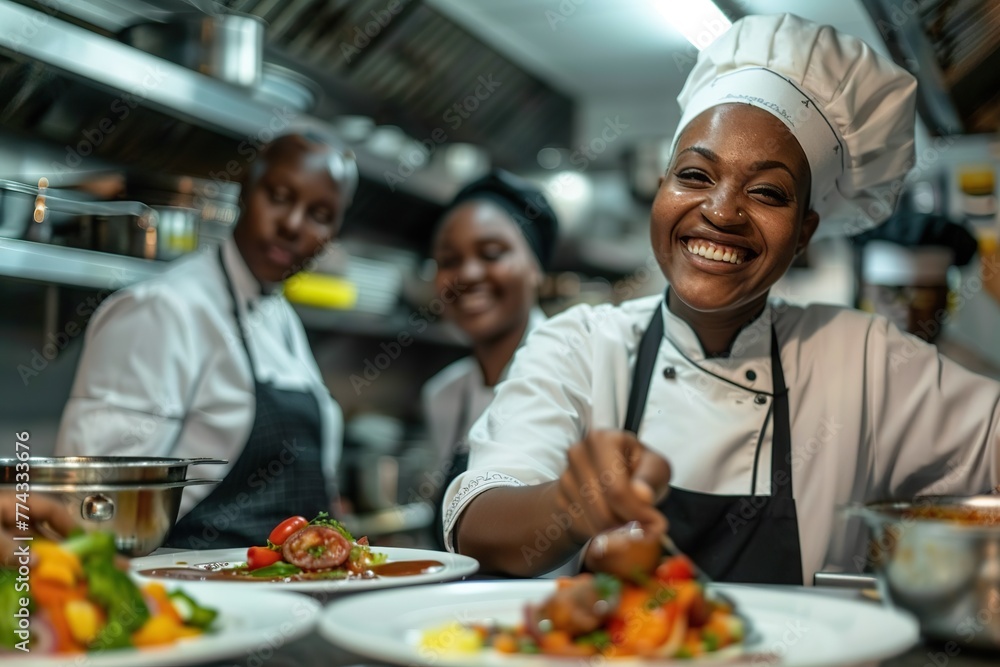 African American Chef and Colleague Perfecting a Gourmet Dish, with Waiter Serving Food African American Chef and Colleague Perfecting a Gourmet Dish, with Waiter Serving Food