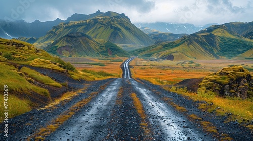 Beautiful Landmanalaugar gravel dust road in the highlands Heavy muddy terrain for extreme vehicles photo