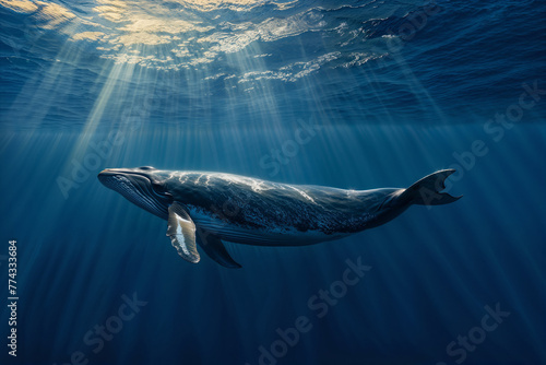 Blue Whale in the Ocean with Light Rays Shining Down Dramatic © Kirsten